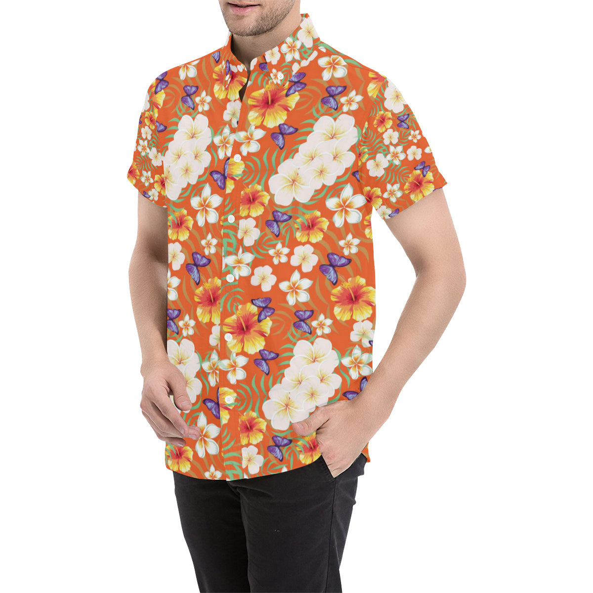 Tropical Flower Pattern Print Design TF027 Men's Short Sleeve Button Up Shirt