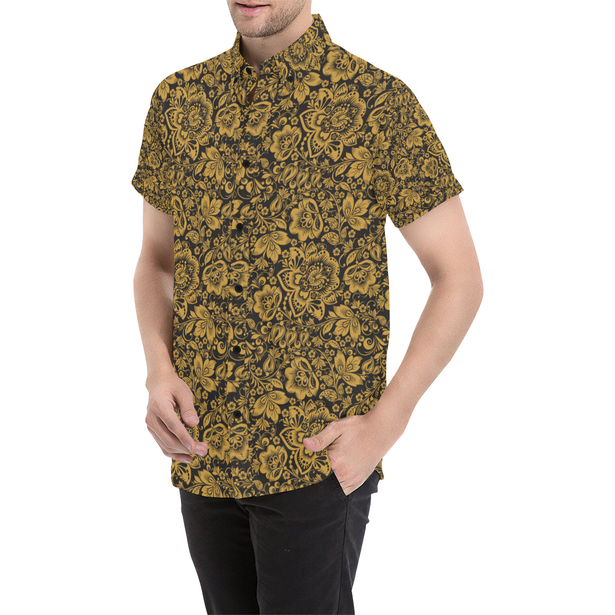 Brocade Gold Pattern Print Design 01 Men's Short Sleeve Button Up Shirt
