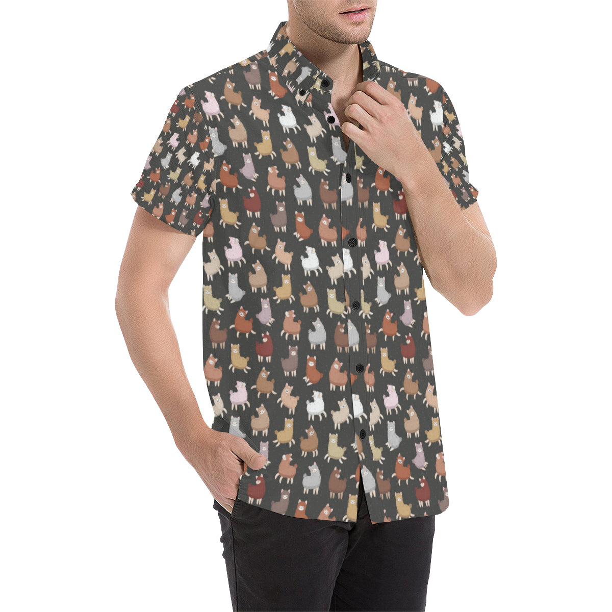 Alpaca Cute Design Themed Print Men's Short Sleeve Button Up Shirt