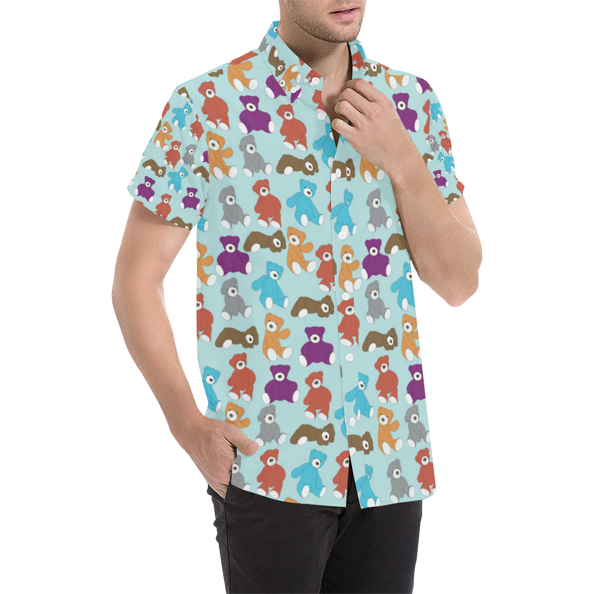 Bear Cute Pattern Print Design 03 Men's Short Sleeve Button Up Shirt