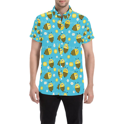 Bee Pattern Print Design BEE06 Men's Short Sleeve Button Up Shirt