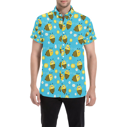 Bee Pattern Print Design BEE06 Men's Short Sleeve Button Up Shirt