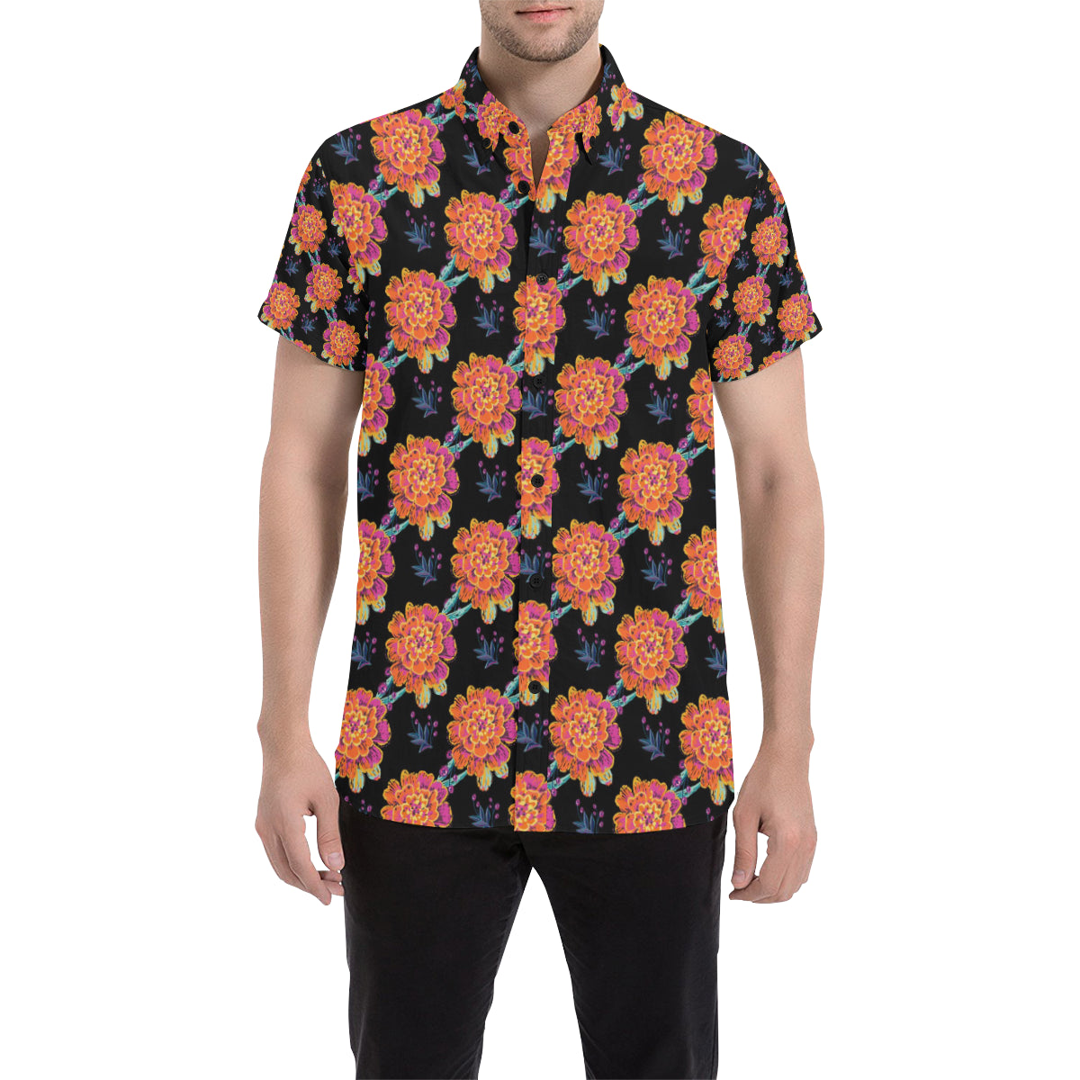 Marigold Pattern Print Design MR04 Men's Short Sleeve Button Up Shirt