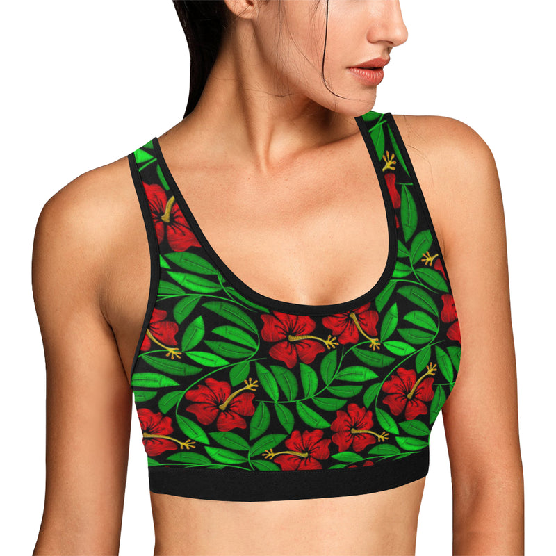 Red Hibiscus Embroidered Pattern Print Design HB03 Sports Bra