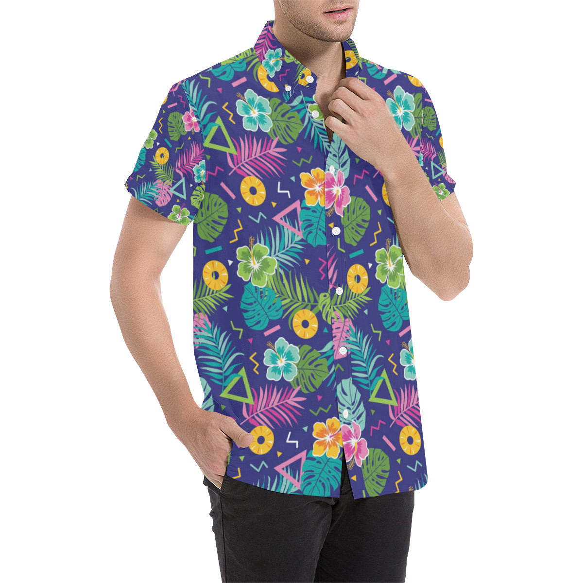 Hawaiian Themed Pattern Print Design H014 Men's Short Sleeve Button Up Shirt