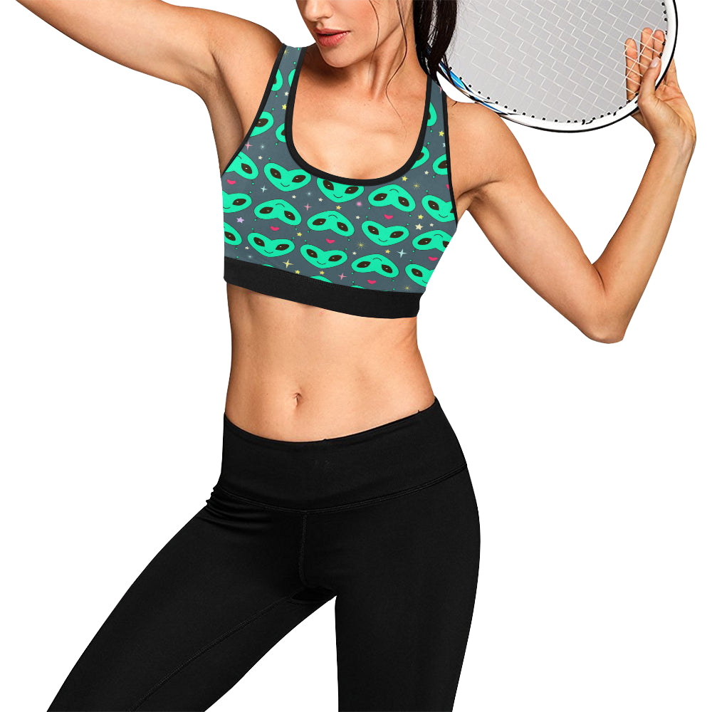 Alien Head Heart Pattern Print Design 03 Sports Bra