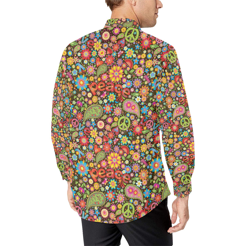 Flower Power Peace Paisley Themed Print Men's Long Sleeve Shirt