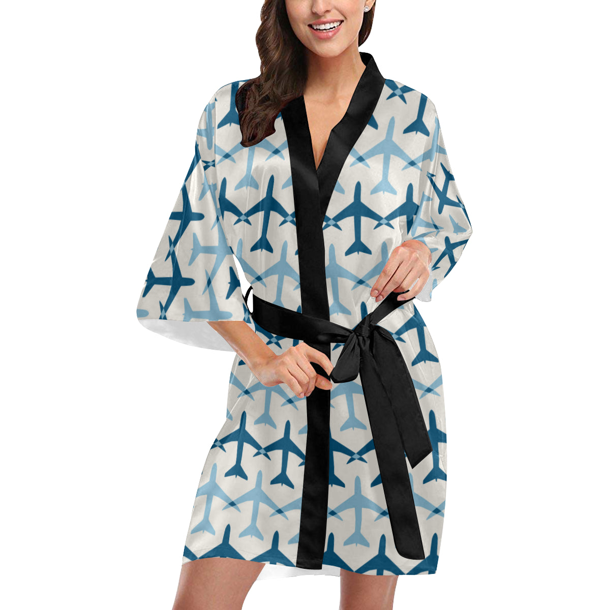 Airplane Pattern Print Design 04 Women's Short Kimono