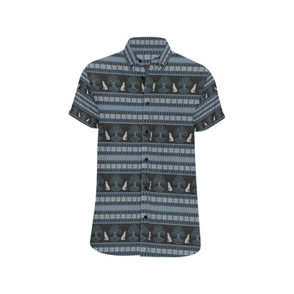 Wolf Tree of Life Knit Design Print Men's Short Sleeve Button Up Shirt