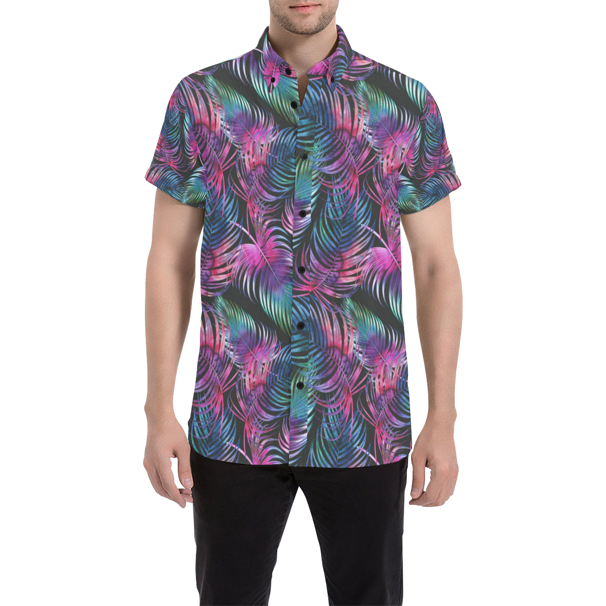 Palm Leaves Pattern Print Design PL010 Men's Short Sleeve Button Up Shirt