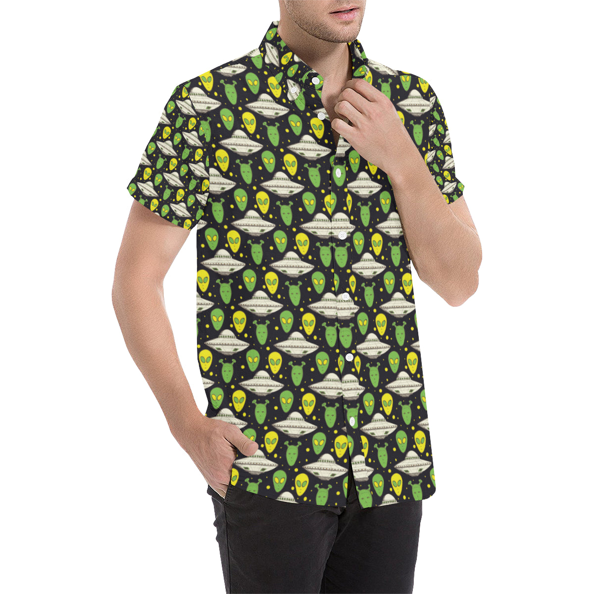 Alien UFO Pattern Men's Short Sleeve Button Up Shirt