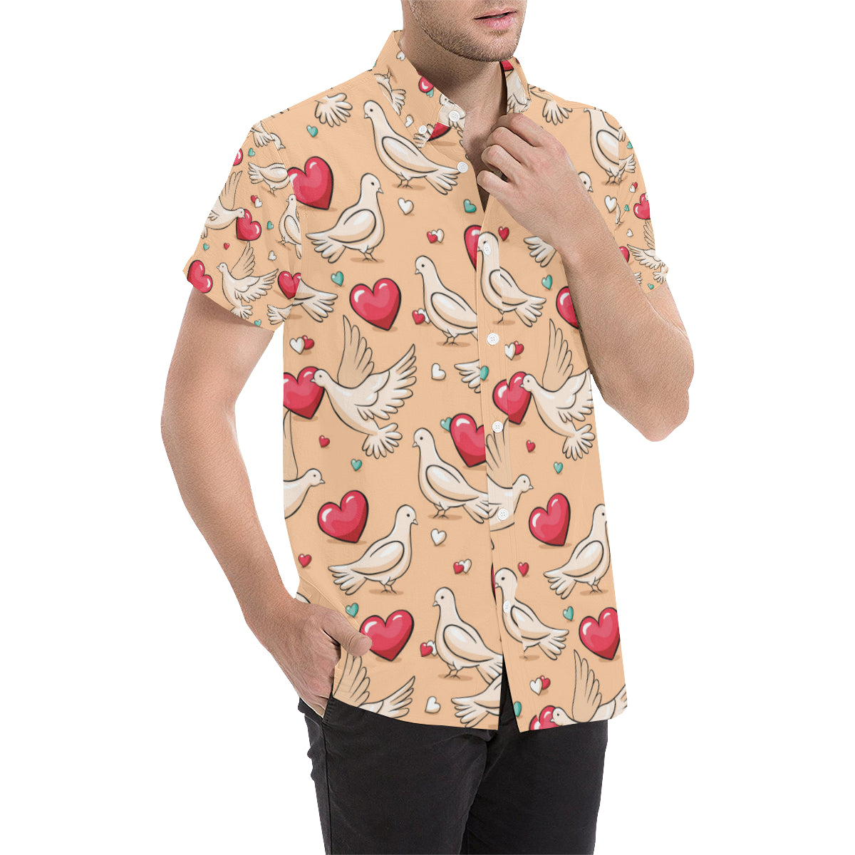 Pigeon Heart Pattern Print Design 04 Men's Short Sleeve Button Up Shirt