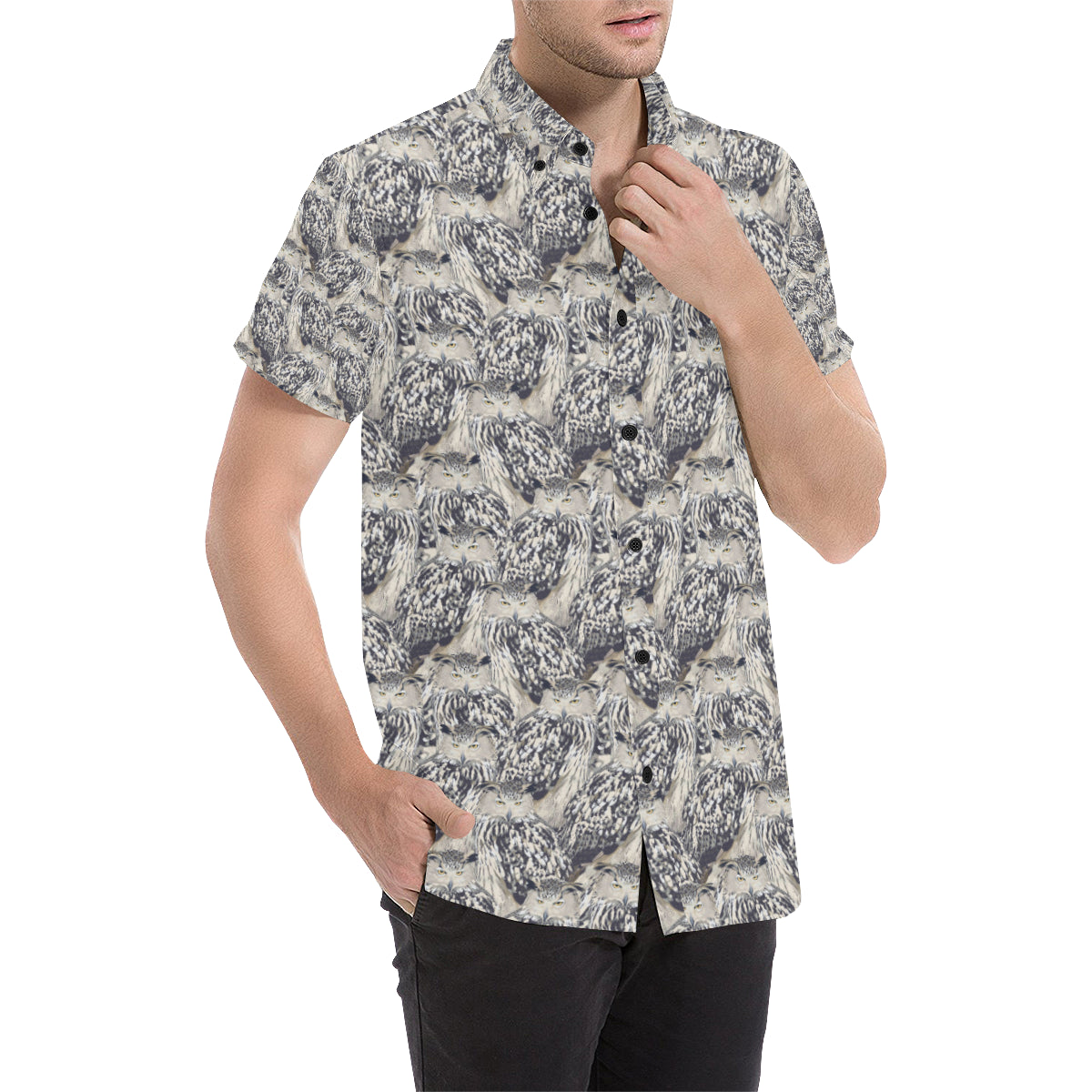 Owl Realistic Themed Design Print Men's Short Sleeve Button Up Shirt