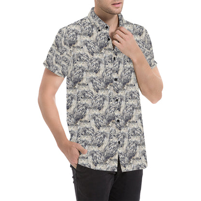 Owl Realistic Themed Design Print Men's Short Sleeve Button Up Shirt