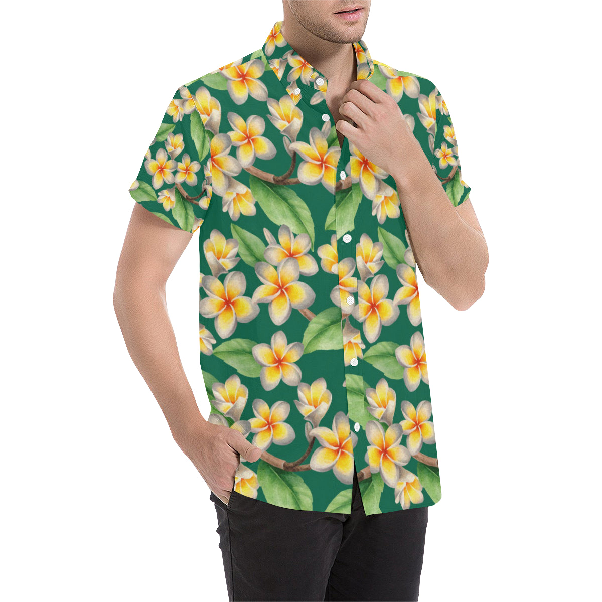 Plumeria Pattern Print Design PM07 Men's Short Sleeve Button Up Shirt