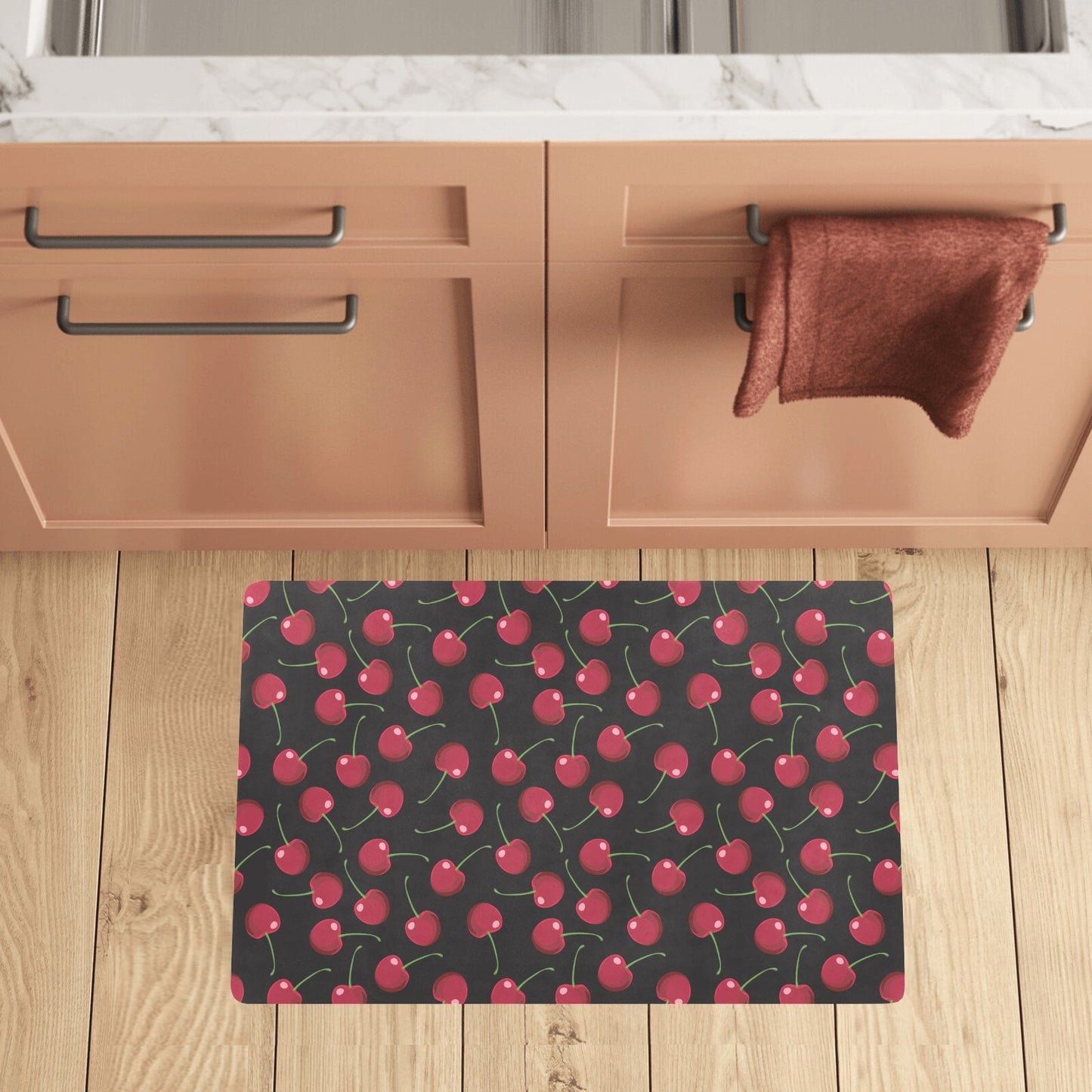 Cherry Black Background Kitchen Mat