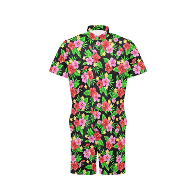 Pink Red Hibiscus Pattern Print Design HB023 Men's Romper