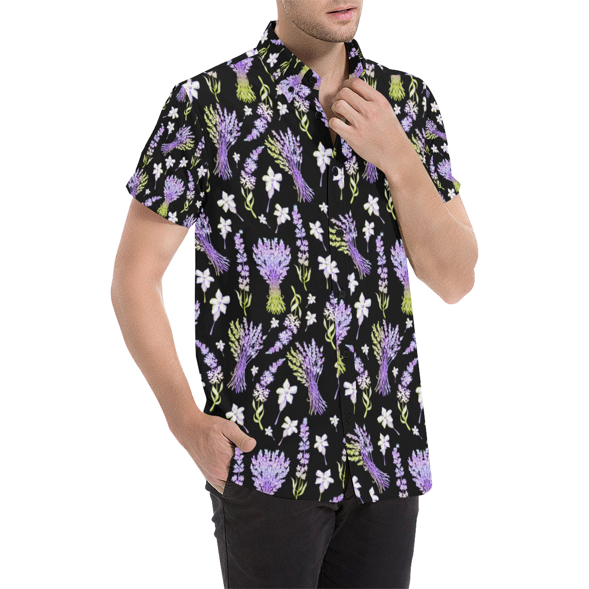 Lavender Pattern Print Design LV04 Men's Short Sleeve Button Up Shirt