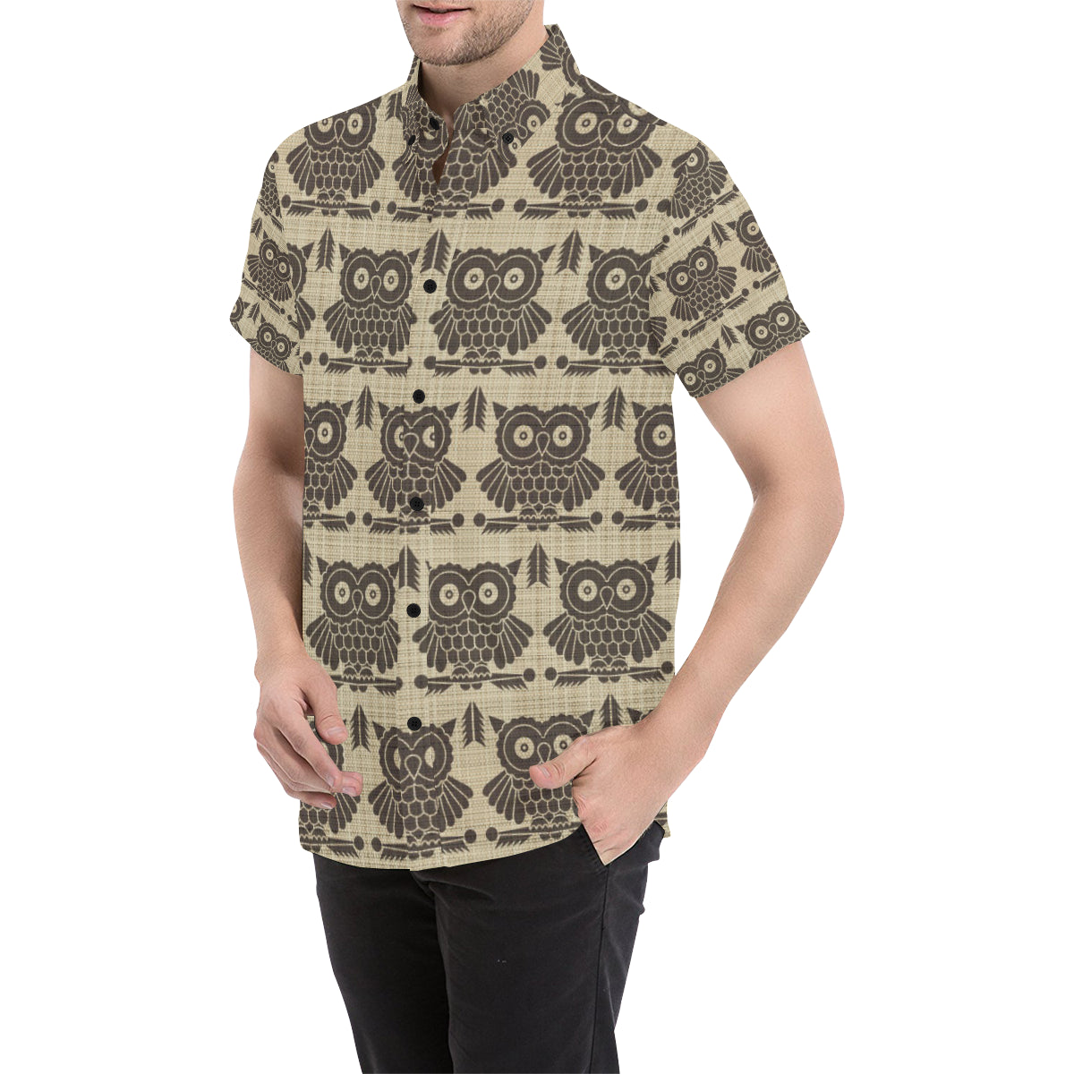 Owl Pattern Print Design A01 Men's Short Sleeve Button Up Shirt