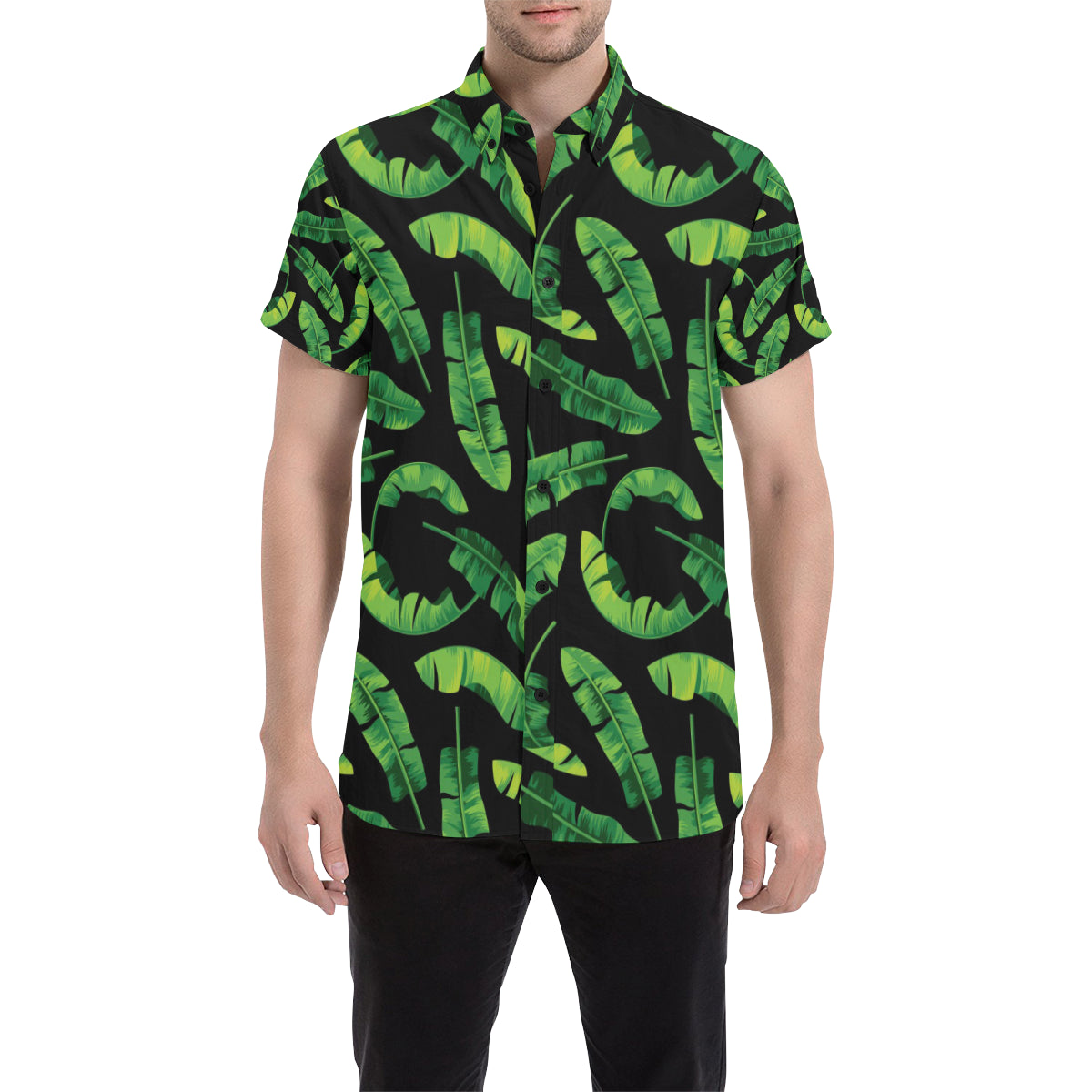 Banana Leaf Pattern Print Design BL02 Men's Short Sleeve Button Up Shirt