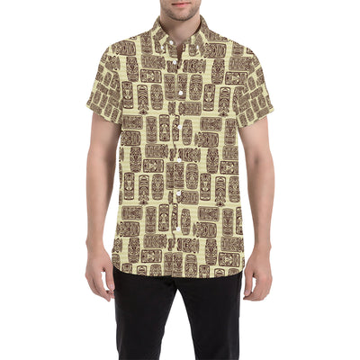 Tiki Brown Mask Print Men's Short Sleeve Button Up Shirt