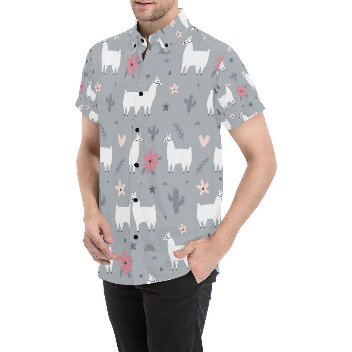 Llama Pattern Print Design 010 Men's Short Sleeve Button Up Shirt