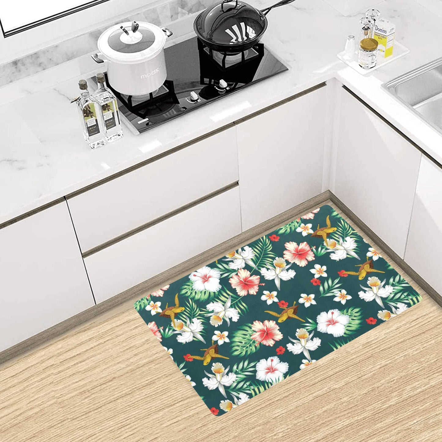 Hawaiian Flower Design with SeaTurtle Print Kitchen Mat