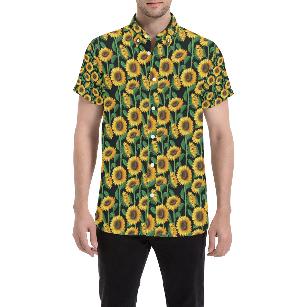 Sunflower Realistic Print Pattern Men's Short Sleeve Button Up Shirt