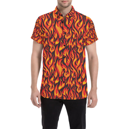 Flame Fire Print Pattern Men's Short Sleeve Button Up Shirt