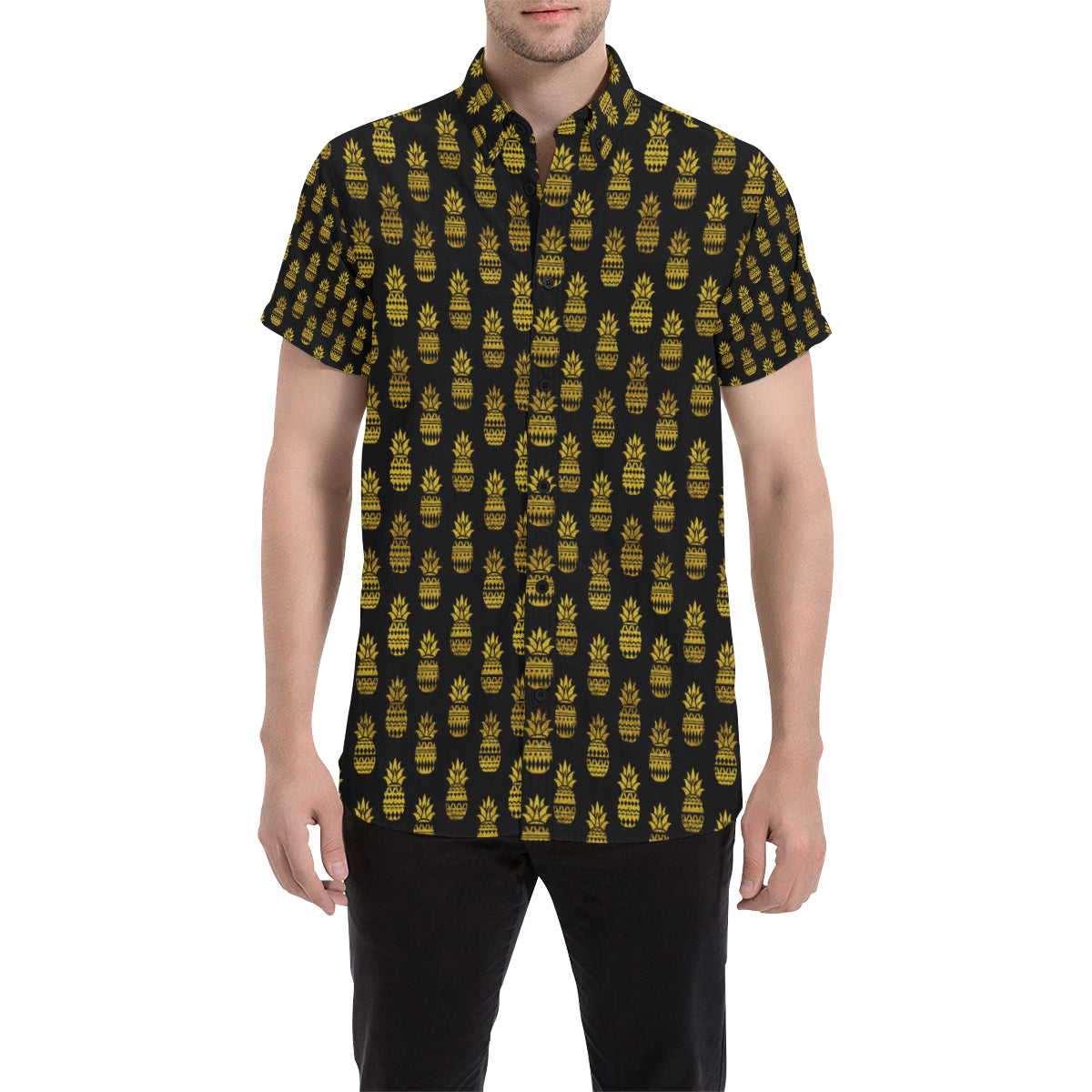 Pineapple Gold Tribal Style Print Men's Short Sleeve Button Up Shirt