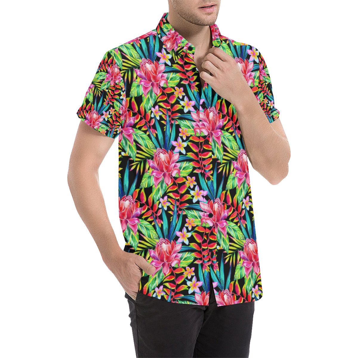 Heliconia Pattern Print Design HL02 Men's Short Sleeve Button Up Shirt