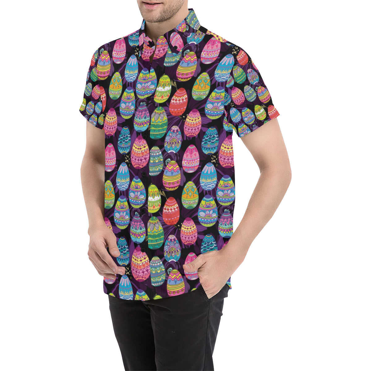 Easter Eggs Pattern Print Design RB08 Men's Short Sleeve Button Up Shirt