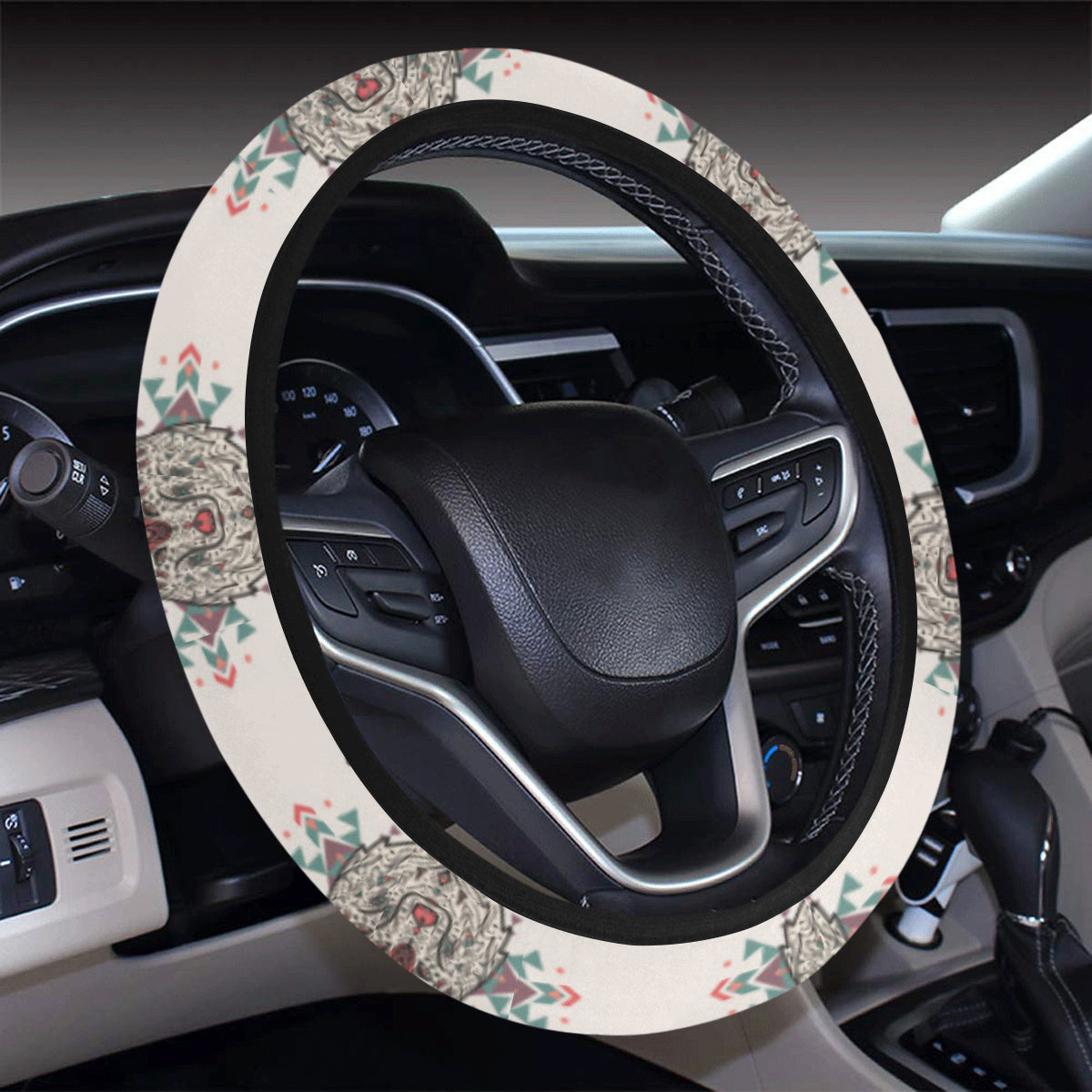 Aztec Wolf Pattern Print Design 01 Steering Wheel Cover with Elastic Edge