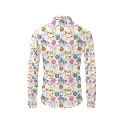 Cat Playing Yarn Pattern Print Design 07 Men's Long Sleeve Shirt