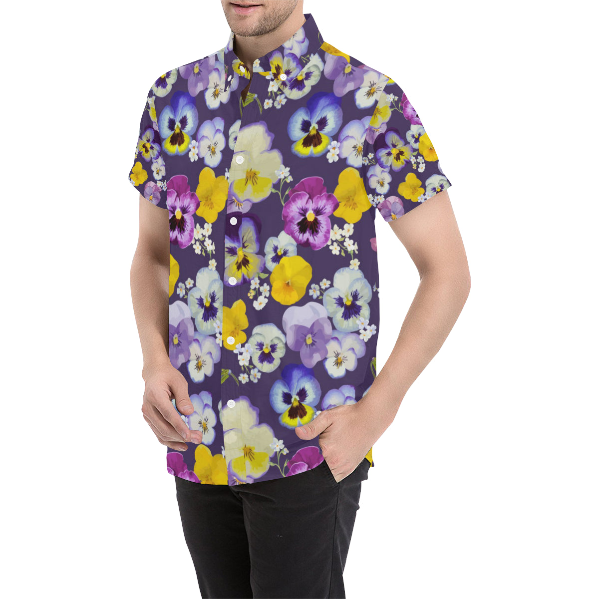 Pansy Pattern Print Design PS02 Men's Short Sleeve Button Up Shirt