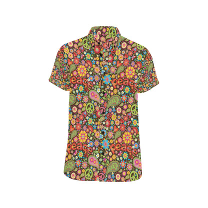 Flower Power Peace Paisley Themed Print Men's Short Sleeve Button Up Shirt