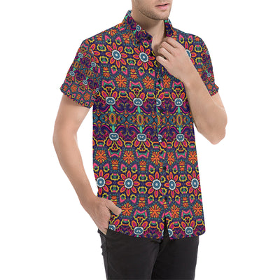 Ethnic Flower Style Print Pattern Men's Short Sleeve Button Up Shirt