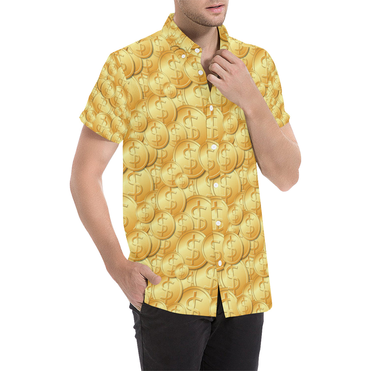 Dollar Pattern Print Design DO03 Men's Short Sleeve Button Up Shirt