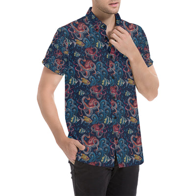 Octopus Deep Sea Print Themed Men's Short Sleeve Button Up Shirt