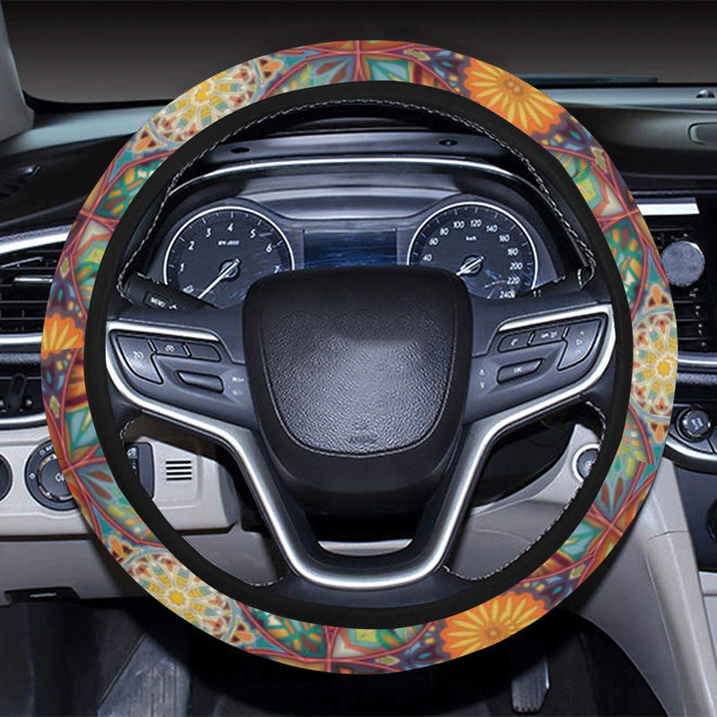 Mandala Flower Themed Design Print Steering Wheel Cover with Elastic Edge