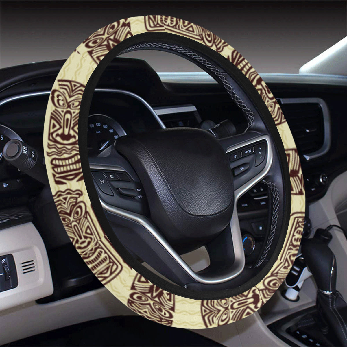 Tiki Brown Mask Print Steering Wheel Cover with Elastic Edge