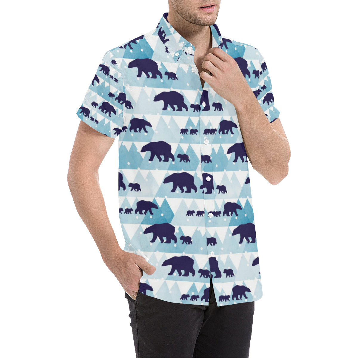 Bear Pattern Print Design BE01 Men's Short Sleeve Button Up Shirt