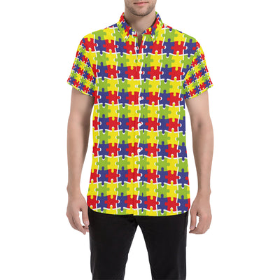 Autism Awareness Pattern Print Design 03 Men's Short Sleeve Button Up Shirt