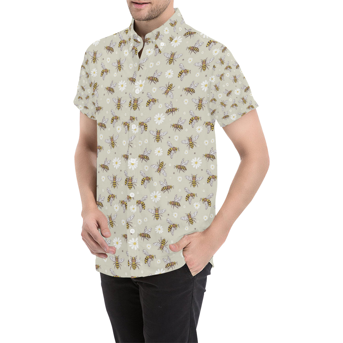 Bee Pattern Print Design 03 Men's Short Sleeve Button Up Shirt