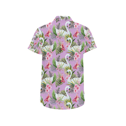 Swan with Flower Pattern Print Design 01 Men's Short Sleeve Button Up Shirt