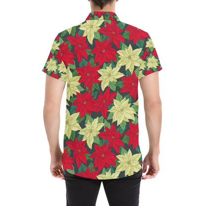 Poinsettia Pattern Print Design POT06 Men's Short Sleeve Button Up Shirt