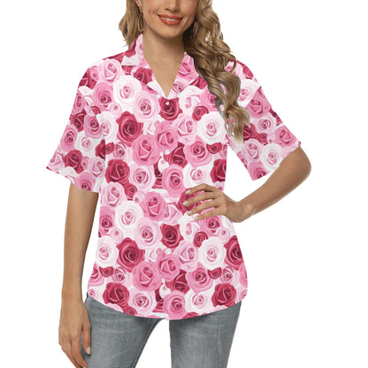 Pink Red Rose Pattern Print Women's Hawaiian Shirt