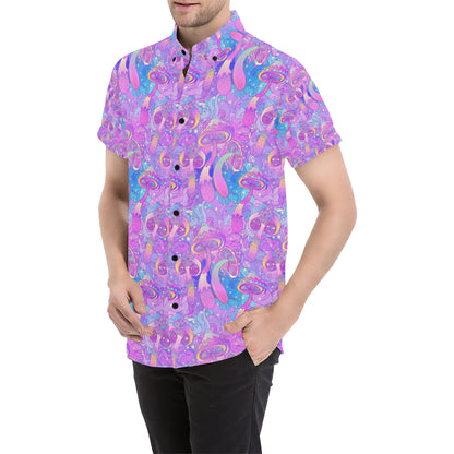 Psychedelic Trippy Mushroom Print Men's Short Sleeve Button Up Shirt