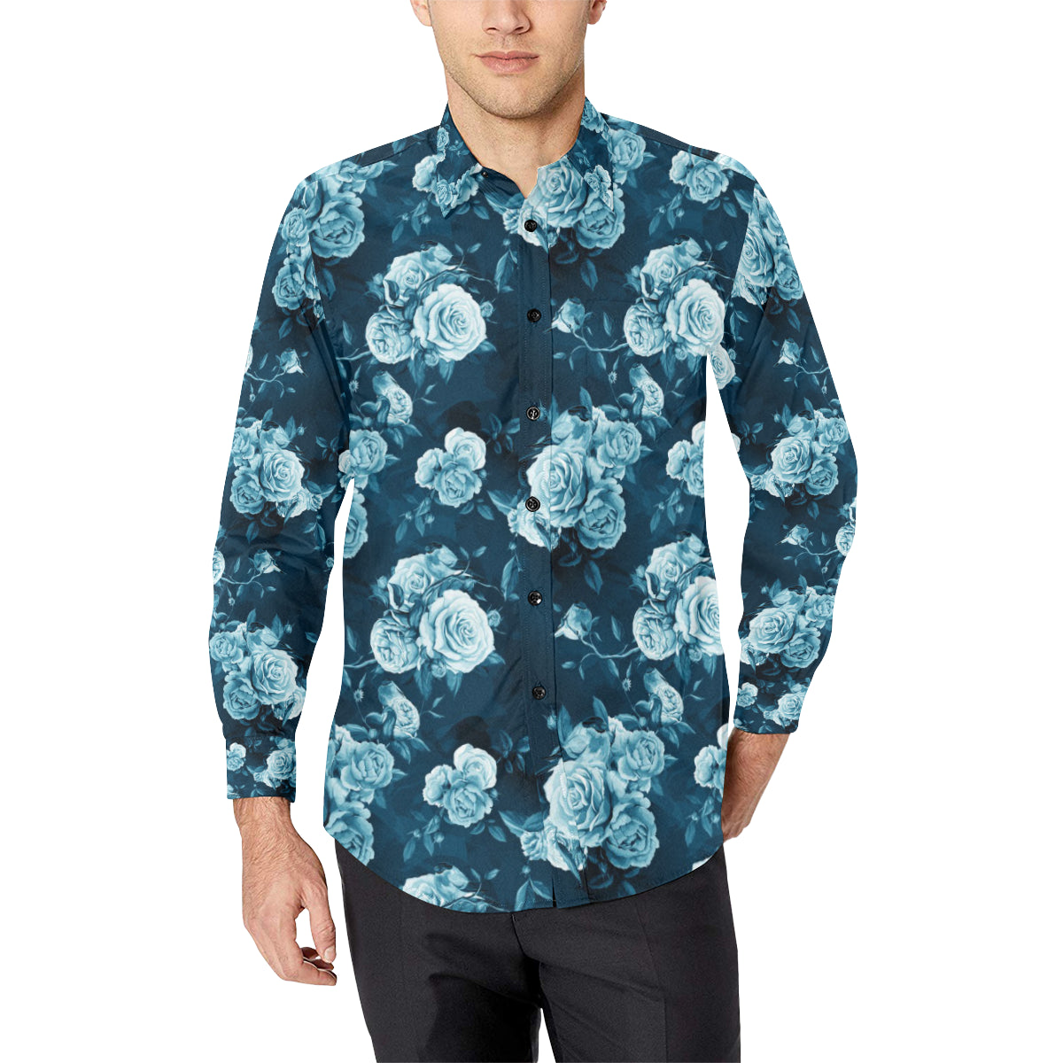 Rose Blue Pattern Print Design RO014 Men's Long Sleeve Shirt