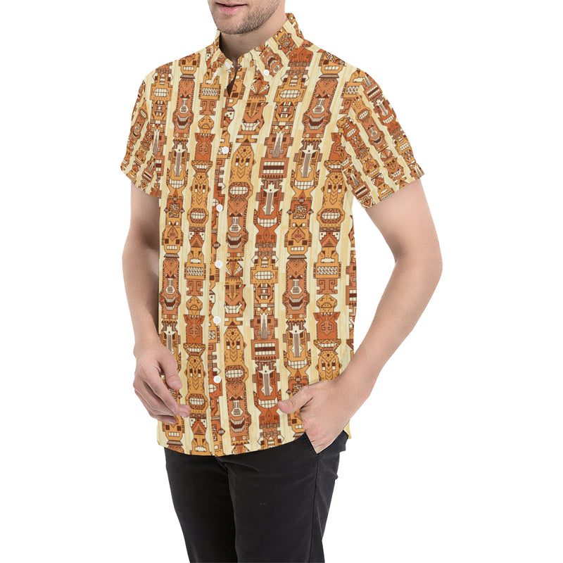 Tiki Orange Vertical Pattern Men's Short Sleeve Button Up Shirt